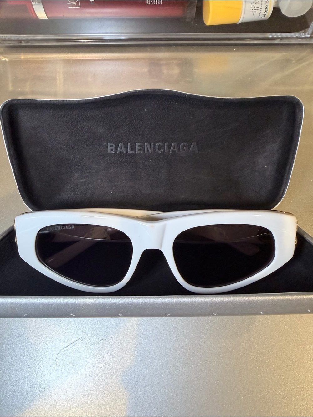 Balenciaga White Slim Cat-Eye Sunglasses with Black Lenses